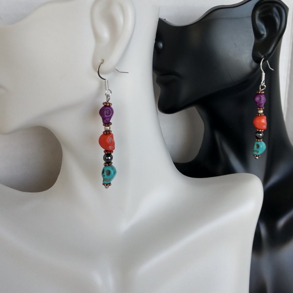 Handmade Dia De Muertos Earrings With Turquoise Orange and Purple Skulls Beads